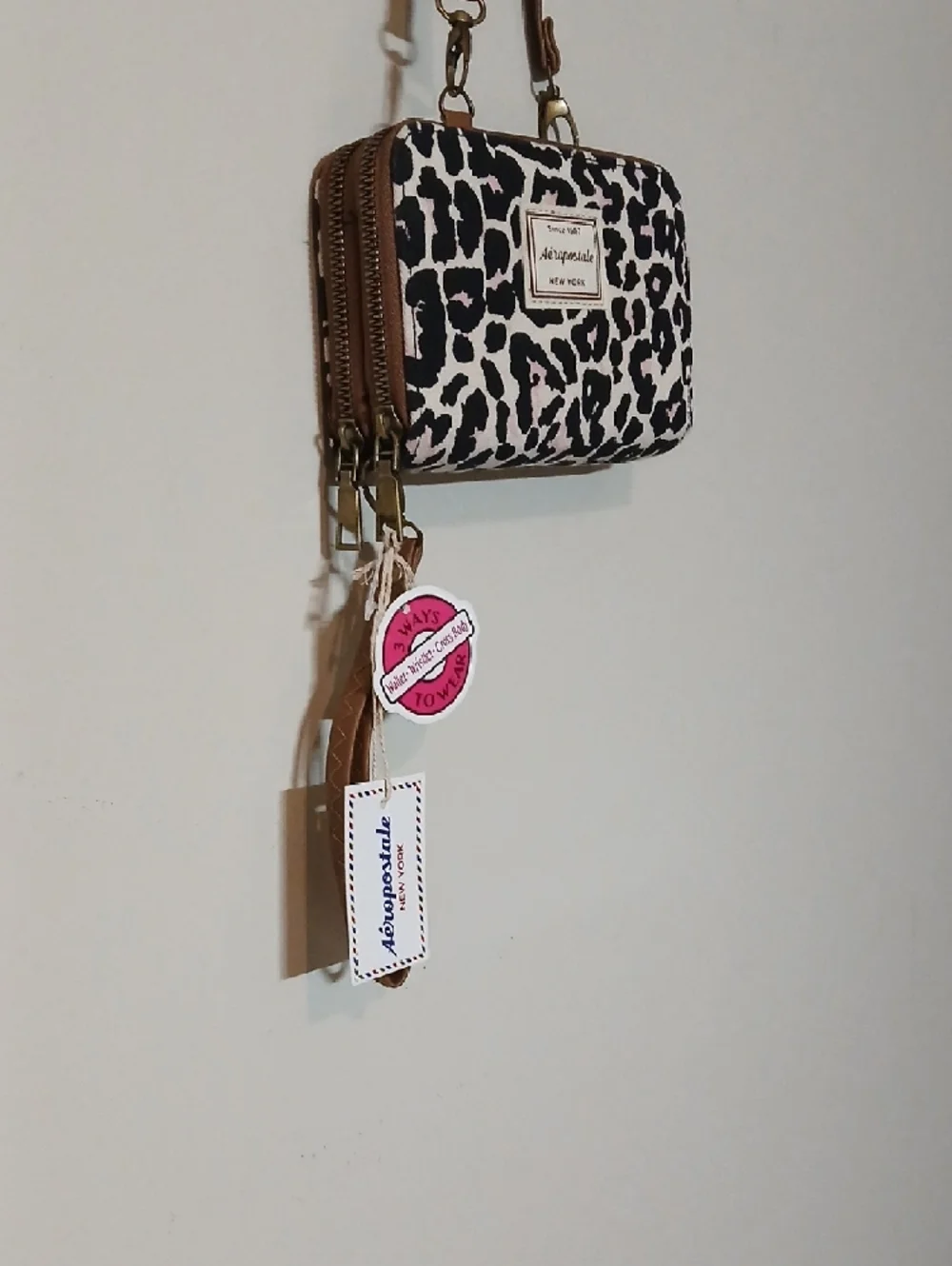 Leopard Print Crossbody Wallet with Brown Strap - Picture 2 of 2